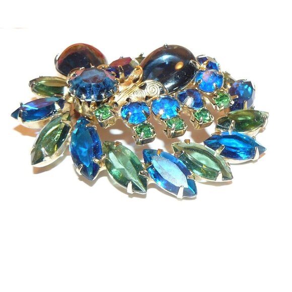 Stunning Blue and Green Rhinestone Brooch, Vintage Rhinestone Brooch, - Picture 3 of 6